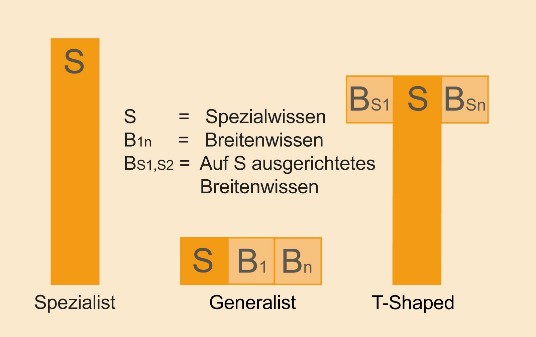 Gegenüberstellung der Wissensprofile Spezialist, Generalist und T-Shaped (Quelle:Elisabeth Heinemann, Effactory)