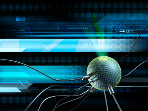 High technology background with some wires connected to a glowing sphere. Digital illustration.