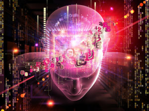Collage des menschlichen Kopfes, der Stellen und der verschiedenen abstrakten Elemente bezüglich der künstlichen Intelligenz, der modernen Wissenschaft, der Computertechnologie und des menschlichen und künstlichen Verstandes