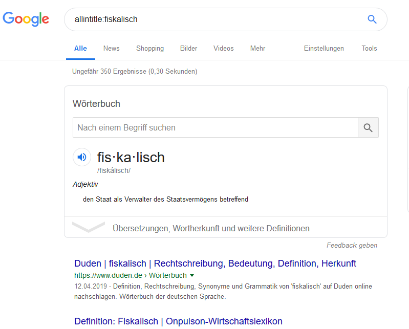  Beispiel Suchabfrage „allintitle:fiskalisch“
