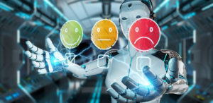 Cyborg, der Emojis zur Spiegelung der Kundenzufriedenheit benutzt