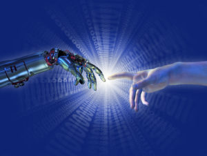 Hand von Künstlicher Intelligenz berührt Menschenhand