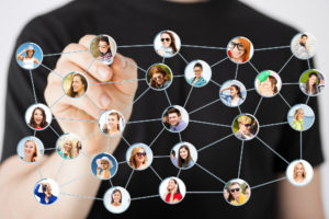 Crossmediale Kommunikation: verschiedene Leute, die miteinander vernetzt sind