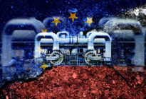 Pipelines von Nord Stream 2 mit europäischer und russischer Flagge im Hintergrund
