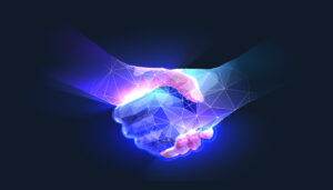 Zwei futuristische Hände schütteln sich gegenseitig