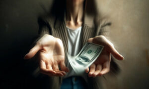 Eine Frau, die ihre Hände ausstreckt, um Geld zu erhalten.