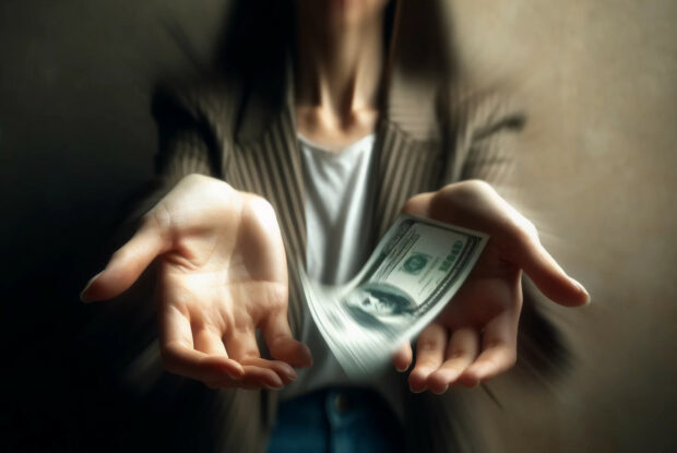 Eine Frau, die ihre Hände ausstreckt, um Geld zu erhalten.