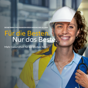 Frau als Ärztin mit Stetoskop und Mann als Arbeiter mit Allianz-Claim